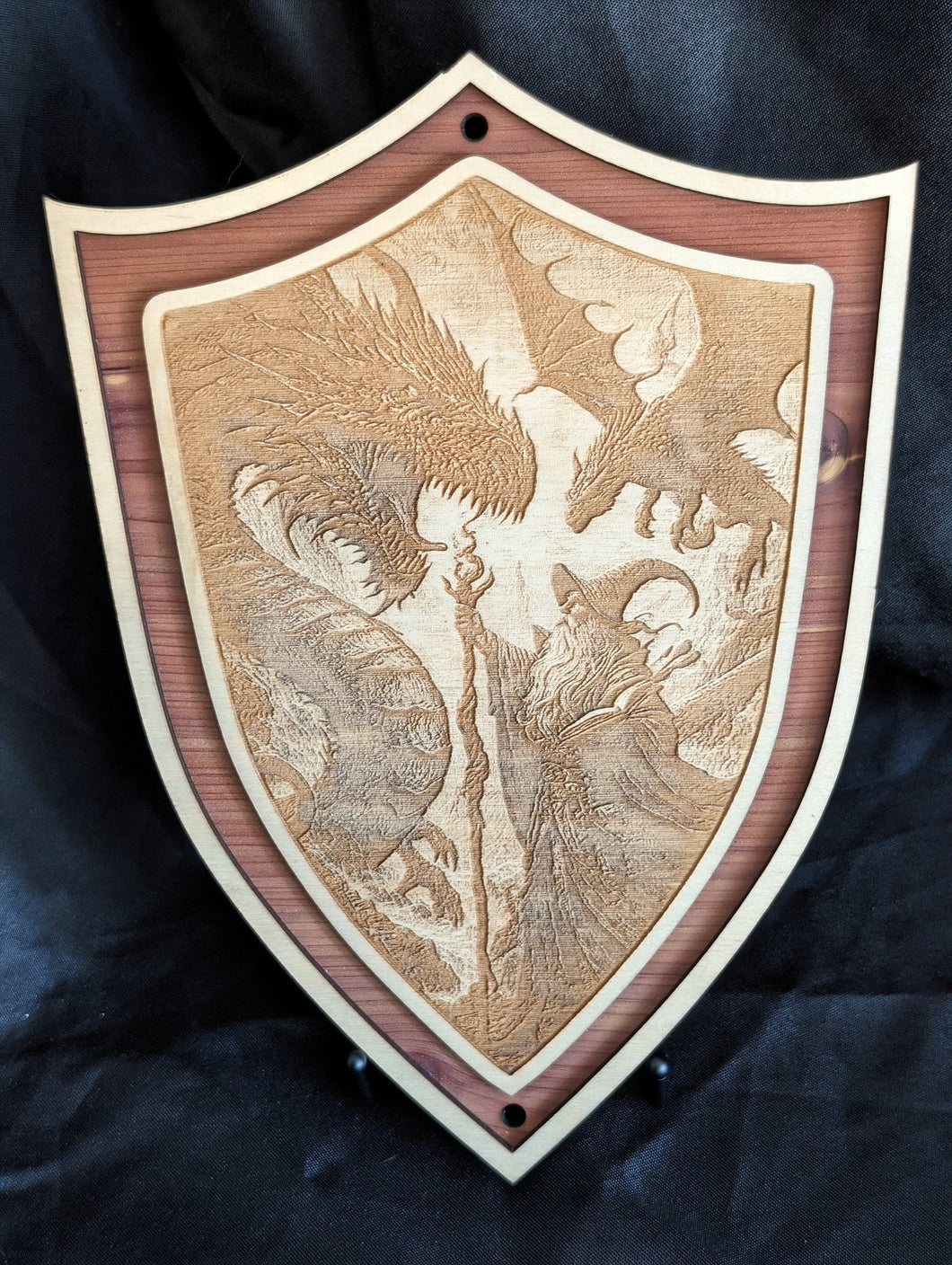 Large Wood Fantasy Shield - Wizard and Dragon