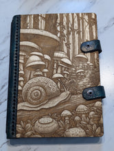 Load image into Gallery viewer, Wood and Leather Journal - Snail in Mushroom Forest
