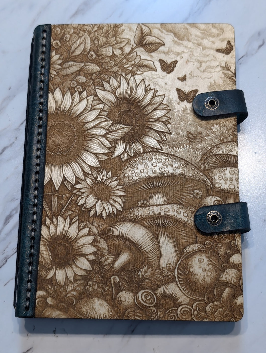 Wood and Leather - Mushrooms, Sunflowers, and Butterflies