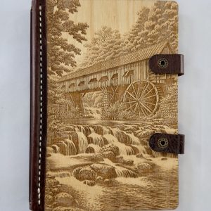 Whispering Mill wood engraved notebook cover