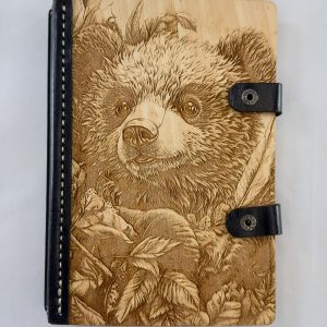 Curious Cub engraved wooden notebook cover