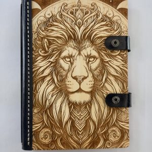 Roar of the Ancients engraved wooden notebook cover