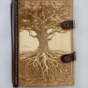 Roots of the Ancients Celtic Tree of Life engraved refillable wooden notebook with hand stitched leather spine
