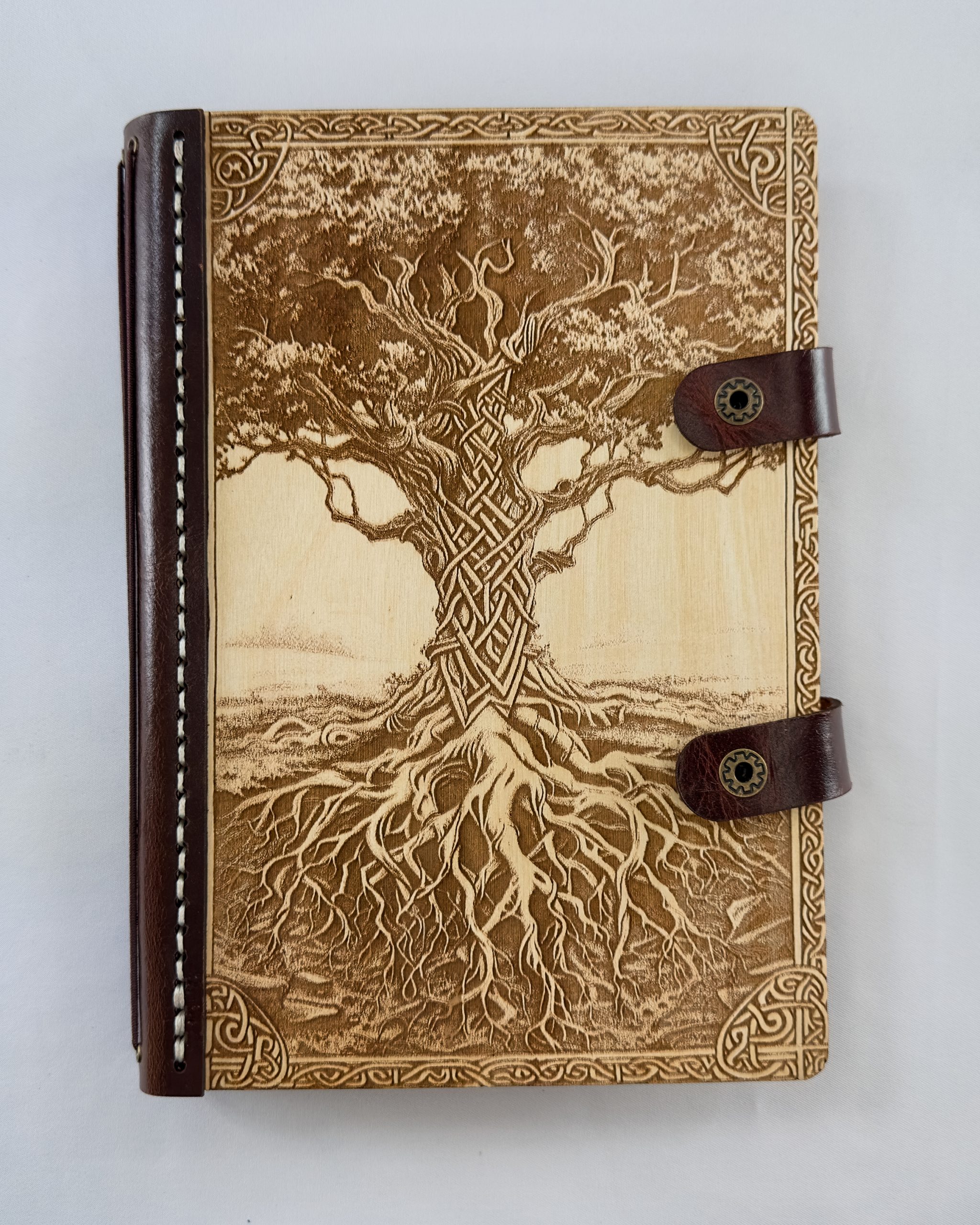 Roots of the Ancients Roots of the Ancients Celtic Tree of Life engraved refillable wooden notebook with hand stitched leather spine