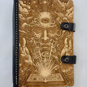 The Arcane Awakening engraved wood notebook cover