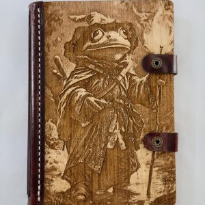 Toadrick the Traveler engraved wood notebook cover